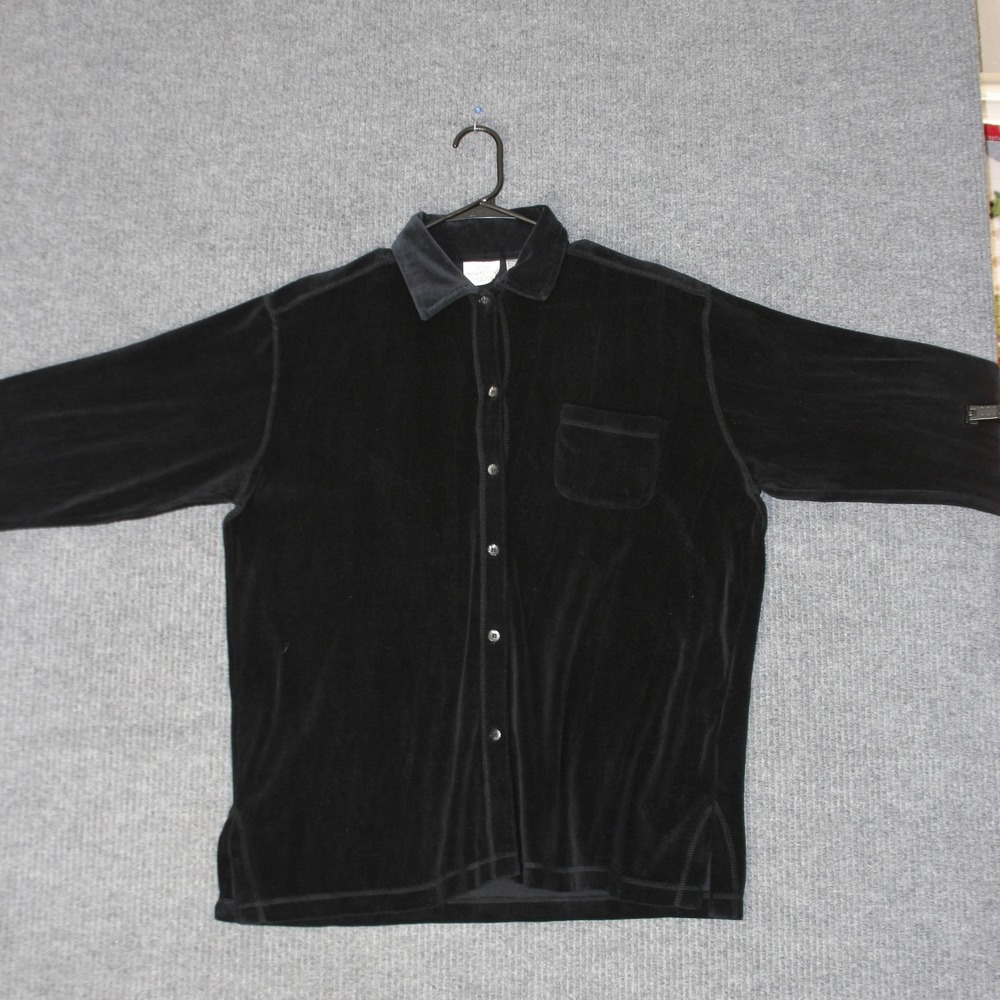Vintage TR Bentley Velour‎ Button Up Womens M Black Pocket Shacket Long Sleeve